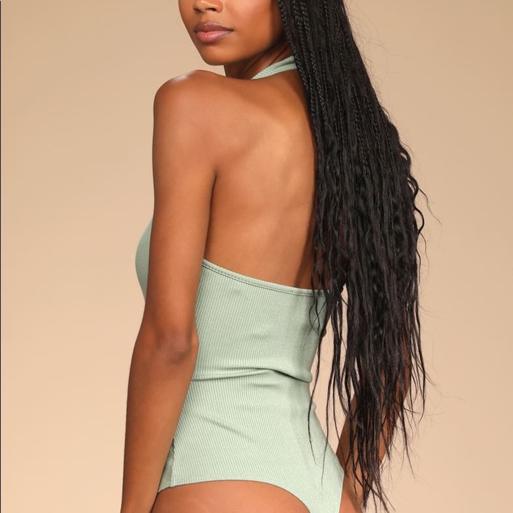 NEW Sage Green Ribbed Sleeveless Halter Bodysuit - Picture 5 of 6